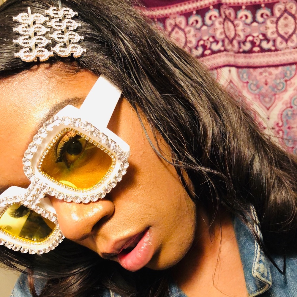 White Rhinestone Bling Square Lens Sun Glasses